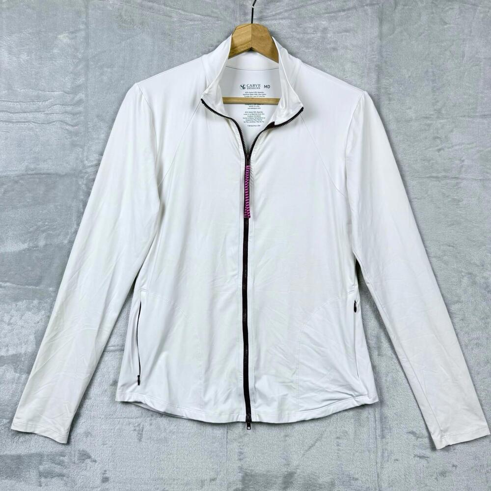 Carve Designs White Zip Jacket Size M Lightweight Stretchy Spandax USA Made Gym